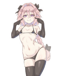 Rule 34 | 1boy, absurdres, astolfo (fate), bare shoulders, bikini, black bikini, black bow, black gloves, black thighhighs, blush, bow, braid, bulge, closed mouth, collarbone, elbow gloves, fate/apocrypha, fate (series), freddyhalloween, gloves, hair between eyes, hair bow, hair intakes, highres, index fingers raised, long braid, long hair, looking at viewer, male focus, micro bikini, navel, pink hair, pointing, pointing at self, puffy cheeks, purple eyes, simple background, single braid, skindentation, smile, solo, swimsuit, thighhighs, thighs, trap, white background