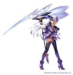 Rule 34 | 1girl, android, ass, blue eyes, breasts, choco (chocolate shop), cleavage, cyborg, dark skin, dark-skinned female, elbow gloves, female focus, full body, glasses, gloves, high heels, large breasts, long hair, nintendo, official art, purple footwear, scythe, silver hair, simple background, smile, solo, t-elos, thighhighs, underboob, white background, xenoblade chronicles (series), xenoblade chronicles 2, xenosaga, xenosaga episode iii