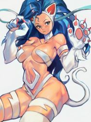 Rule 34 | 1girl, animal ears, animal hands, blue eyes, blue hair, breasts, capcom, cat ears, cat girl, cat tail, choker, claws, fang, fang out, felicia (vampire), highres, large breasts, long hair, monster girl, slit pupils, tail, thighs, uncle rabbit ii, vampire (game), white background, white choker, white tail