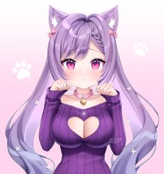 Rule 34 | animal ear fluff, animal ears, artist name, bad id, bad pixiv id, bare shoulders, bell, blush, bow, braid, braided bangs, breasts, cat ears, cleavage, cleavage cutout, closed mouth, clothing cutout, collar, collarbone, commentary, genshin impact, gradient background, hair bow, hands up, highres, jingle bell, kemonomimi mode, keqing (genshin impact), long sleeves, looking at viewer, medium breasts, meme attire, nami (nyaa), neck bell, off-shoulder sweater, off shoulder, open-chest sweater, paw pose, pink background, pink bow, pink collar, pixiv username, purple hair, purple sweater, red eyes, sidelocks, sleeves past wrists, solo, sweater, twitter username, upper body, white background