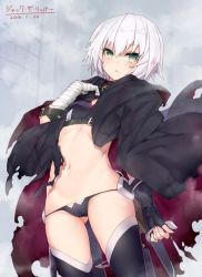 Rule 34 | 1girl, bandaged arm, bandages, black gloves, black panties, black thighhighs, blood, breasts, cameltoe, character name, cloak, dagger, dated, fate/apocrypha, fate/grand order, fate (series), fingerless gloves, fog, gloves, green eyes, jack the ripper (fate/apocrypha), knife, kodama yuu, midriff, navel, open mouth, panties, scar, short hair, silver hair, single glove, small breasts, solo, string panties, thighhighs, underwear, weapon