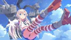 Rule 34 | 10s, 1girl, alternate eye color, aqua eyes, blonde hair, changaa, crop top, day, elbow gloves, gloves, hairband, highres, jumping, kantai collection, long hair, looking at viewer, open mouth, rensouhou-chan, school uniform, serafuku, shimakaze (kancolle), skirt, sky, striped clothes, striped thighhighs, thighhighs