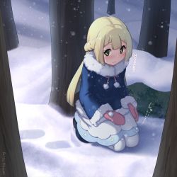 Rule 34 | 1girl, arisu kazumi, blonde hair, blue coat, blue skirt, blush, coat, creatures (company), dot nose, dress, footprints, fur-trimmed coat, fur trim, game freak, green eyes, hair between eyes, hairband, lillie (pokemon), long hair, long sleeves, looking to the side, mittens, multicolored clothes, multicolored skirt, nervous, nintendo, outdoors, peeing, pink mittens, pokemon, pokemon (anime), pokemon journeys, pokemon swsh111, skirt, snow, solo, squatting, sweatdrop, thighhighs, tree, white skirt, white thighhighs, worried, yellow hairband
