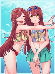 Rule 34 | 2girls, bikini, blue background, blunt bangs, blush, breasts, brown hair, closed eyes, commentary request, earrings, green skirt, heart, heart-shaped eyewear, hug, idolmaster, idolmaster shiny colors, jewelry, looking at viewer, mart pxv, matching hairstyle, matching outfits, medium breasts, midriff, multiple girls, navel, open mouth, osaki amana, osaki tenka, outstretched arms, own hands together, parted lips, siblings, simple background, sisters, skirt, star-shaped eyewear, star (symbol), sunglasses, swimsuit, twins, yellow eyes