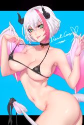 Rule 34 | 1girl, :p, armpits, ass, bikini, bottomless, breasts, cleavage, covered erect nipples, demon girl, demon horns, demon tail, demon wings, fang, fang out, green eyes, highres, horns, looking at viewer, micro bikini, nail polish, navel, non (nonzile), original, pink hair, pink nails, short hair, simple background, smile, swimsuit, tail, tongue, tongue out, wings