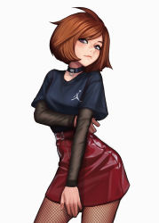 Rule 34 | 1girl, arm around waist, black neckwear, black pantyhose, black shirt, blouse, bob cut, brown hair, choker, closed mouth, contrapposto, covering crotch, covering privates, fishnet pantyhose, fishnets, head tilt, highres, jewelry, jungon kim, layered sleeves, leather, leather skirt, long sleeves, looking at viewer, loose clothes, loose shirt, nike (company), nose, o-ring, o-ring pendant, original, pantyhose, pendant, purple eyes, red skirt, shiny clothes, shirt, short hair, short over long sleeves, short sleeves, simple background, skirt, smile, smirk, solo, standing, swept bangs, t-shirt, third-party edit, white background, zipper, zipper skirt