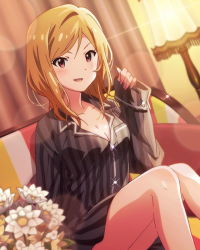 Rule 34 | 10s, 1girl, artist request, blush, bottomless, breasts, brown eyes, brown hair, cleavage, clothes, idolmaster, idolmaster million live!, jpeg artifacts, long hair, momose rio, nail polish, official art, orange hair, purple eyes, smile, solo