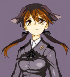 Rule 34 | 1girl, animal ears, bad id, bad pixiv id, black ribbon, brown eyes, brown hair, collared shirt, dog ears, gertrud barkhorn, hair ribbon, long hair, long sleeves, lowres, military, military uniform, oekaki, purple background, ribbon, shiratama (hockey), shirt, simple background, smile, smirk, solo, strike witches, twintails, uniform, world witches series