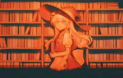 Rule 34 | 1girl, apron, blonde hair, book, bow, braid, brown dress, brown hat, buttons, closed mouth, dress, hair between eyes, hair bow, hat, hat bow, kirisame marisa, library, long hair, looking at viewer, motsuba, orange theme, puffy short sleeves, puffy sleeves, red bow, shadow, shirt, short sleeves, single braid, solo, touhou, white apron, white bow, white shirt, white sleeves, witch hat