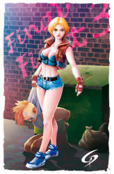 Rule 34 | 1boy, 1girl, alley, arms at sides, arms behind back, bare legs, belt, blonde hair, breasts, brick wall, brown eyes, brown gloves, bruise, buckle, bustier, capcom, cleavage, collarbone, cropped vest, cutoffs, defeat, denim, denim shorts, eyeliner, final fight, final fight 3, fingerless gloves, full body, gino descalzi, glint, gloves, graffiti, highres, injury, lipstick, looking at viewer, looking down, lucia morgan, makeup, midriff, mohawk, navel, no socks, open clothes, open vest, outdoors, parted lips, pavement, pocket, punk, shirt grab, shoes, short hair, short shorts, shorts, sitting, sneakers, solo focus, spiked hair, street fighter, thighs, toned, trash bag, vest