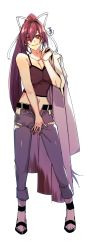 Rule 34 | 1girl, bad id, bad twitter id, bare shoulders, closed mouth, collarbone, denim, eyes visible through hair, fingernails, hair between eyes, hair ribbon, high heels, highres, holding, holding clothes, jeans, long fingernails, long hair, navel, pants, ponytail, purple hair, red eyes, ribbon, roas01b, signature, simple background, smile, solo, standing, under night in-birth, very long hair, white background, white ribbon, yuzuriha (under night in-birth)