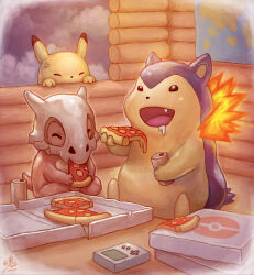 Rule 34 | absurdres, anger vein, black eyes, black fur, brown fur, can, closed eyes, creatures (company), cubone, drink can, drooling, fang, fire, food, game boy, game boy (original), game freak, gen 1 pokemon, gen 2 pokemon, handheld game console, highres, holding, holding can, holding food, holding pizza, indoors, log cabin, map, mask, nintendo, no humans, open mouth, pikachu, pizza, pizza box, pizza slice, pokemon, pokemon (creature), ry-spirit, signature, sitting, skull, skull mask, smile, soda can, two-tone fur, typhlosion, window, yellow fur