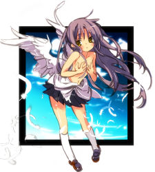 Rule 34 | 10s, 1girl, angel beats!, bad hands, breasts, covering privates, covering breasts, feathers, hanehane kiro, long hair, md5 mismatch, socks, solo, tenshi (angel beats!), topless, wings