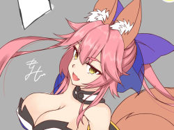 Rule 34 | 10s, 1girl, animal ears, breasts, cleavage, detached sleeves, fang, fate/extra, fate/grand order, fate (series), fox ears, fox tail, graphite (medium), grey background, hair ribbon, japanese clothes, large breasts, mechanical pencil, open mouth, oukasirayami, pencil, pink hair, ribbon, simple background, solo, tail, tamamo no mae (fate/extra), traditional media, yellow eyes