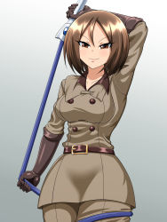 Rule 34 | 1girl, breasts, brown eyes, brown hair, closed mouth, gloves, highres, holding, holding whip, looking at viewer, medium breasts, military, military uniform, short hair, simple background, smile, solo, the king of fighters, uniform, whip, whip (kof), yensh