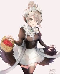 Rule 34 | 1girl, atoatto, basket, commentary request, cosplay, felicia (fire emblem), felicia (fire emblem) (cosplay), fire emblem, fire emblem fates, fire emblem heroes, food, fruit, gem, grey eyes, hair bun, holding, holding basket, juliet sleeves, kana (female) (fire emblem), kana (fire emblem), long sleeves, maid, maid headdress, nintendo, open mouth, pointy ears, puffy sleeves, ribbon, signature, silver hair, simple background, single hair bun, solo, strawberry, thighhighs, white ribbon, zettai ryouiki