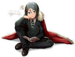 Rule 34 | !, 1boy, 5saiji, black eyes, black hair, black pants, blush, book, brown footwear, cape, closed mouth, dated, fate/zero, fate (series), full body, hair between eyes, happy birthday, highres, holding, holding book, long sleeves, looking at viewer, male focus, necktie, open book, pants, red cape, simple background, sitting, solo, spoken exclamation mark, striped, striped necktie, sweat, waver velvet, white background
