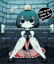 Rule 34 | 1girl, animated, animated gif, artist name, bandaged leg, bandages, black dress, black hair, black panties, blush, bob cut, bouncing, bouncing breasts, bound, breasts, cameltoe, chain, chain chomp, chain leash, covering privates, crown, diives, dress, dungeon, embarrassed, english text, engrish text, fangs, leash, light blush, looking at viewer, mario (series), mini crown, new super mario bros. u deluxe, nintendo, open mouth, pale skin, panties, princess chain chomp, ranguage, sharp teeth, sitting, sleeveless, solo, super crown, teeth, thought bubble, underwear