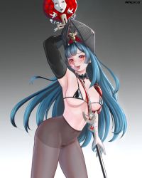 Rule 34 | 1girl, absurdres, artist name, asymmetrical gloves, azur lane, black bra, black collar, black gloves, black hat, black pantyhose, blue hair, bra, breasts, collar, covered navel, detached collar, elbow gloves, female pubic hair, forked tongue, gloves, gradient background, grey background, hat, high-waist pantyhose, highres, holding, holding scepter, holding staff, leaning forward, long hair, looking at viewer, m/, marco polo (azur lane), medium breasts, mismatched gloves, nyiccco, pantyhose, pubic hair, red eyes, scepter, single elbow glove, solo, staff, standing, tongue, two-tone gloves, underwear, white gloves