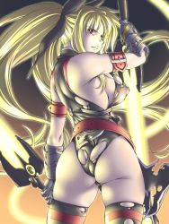 Rule 34 | 00s, 1girl, ass, bardiche (nanoha), bardiche (riot zanber stinger) (nanoha), belt, blonde hair, breasts, energy sword, fate testarossa, fate testarossa (true sonic form), gloves, jon shicchiou, large breasts, leotard, long hair, lyrical nanoha, mahou shoujo lyrical nanoha, mahou shoujo lyrical nanoha strikers, red eyes, skin tight, solo, sword, thighhighs, torn clothes, twintails, weapon