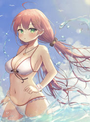 Rule 34 | 1girl, absurdres, alternate hairstyle, bikini, blue sky, bracelet, breasts, cameltoe, cleavage, cloud, co, contrapposto, cowboy shot, flower, frilled bikini, frills, glint, green eyes, groin, highres, hololive, jewelry, large breasts, looking at viewer, low twintails, nano (nandemo note31), navel, red hair, sakura miko, sky, solo, standing, swimsuit, twintails, virtual youtuber, water, white bikini