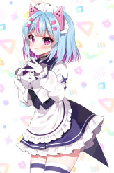 Rule 34 | 1girl, apron, black skirt, blue hair, blush, breasts, copyright request, frilled apron, frilled skirt, frills, gloves, hair ornament, hairclip, jacket, long sleeves, maid headdress, mauve, medium breasts, multicolored hair, puffy long sleeves, puffy sleeves, purple eyes, purple hair, shirt, skirt, sleeves past wrists, solo, steepled fingers, thighhighs, two-tone hair, virtual youtuber, waist apron, white apron, white background, white gloves, white jacket, white shirt, white thighhighs