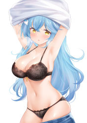 Rule 34 | 1girl, armpits, arms up, black bra, black panties, blue hair, blush, bra, breasts, clothes pull, collarbone, commentary, cowboy shot, crossed bangs, flower, hair between eyes, hair flower, hair ornament, heavy breathing, hololive, large breasts, light blue hair, long hair, looking at viewer, navel, nikoo, panties, parted lips, plaid, plaid skirt, shirt, simple background, skirt, skirt pull, solo, underwear, undressing, virtual youtuber, white flower, white shirt, yellow eyes, yukihana lamy