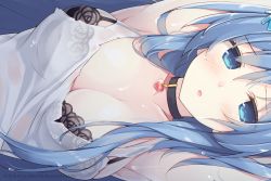 Rule 34 | 1girl, artist name, black bra, blue eyes, blue hair, blush, bra, breasts, choker, cleavage, copyright name, emori miku, heart, heart choker, large breasts, liver city, long hair, looking at viewer, miko (royal milk), parted lips, see-through, sideways, solo, tank top, torn clothes, underwear, watermark, wet
