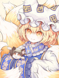 Rule 34 | 1girl, blonde hair, cat, chen, chen (cat), closed mouth, commentary request, fox tail, hands in opposite sleeves, hat, highres, kitsune, mob cap, multiple tails, ro.ro, short hair, simple background, smile, tail, touhou, upper body, white headwear, yakumo ran, yellow background, yellow eyes