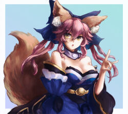 Rule 34 | 1girl, animal ear fluff, animal ears, bare shoulders, blue background, blue bow, blue dress, blue sleeves, bow, breasts, cleavage, commentary request, cowboy shot, detached sleeves, dress, fate/extra, fate (series), fox ears, fox girl, fox shadow puppet, fox tail, hair bow, large bow, large breasts, long hair, looking at viewer, mogukk, obi, open mouth, pink hair, quad tails, sash, sidelocks, solo, strapless, strapless dress, tail, tamamo (fate), tamamo no mae (fate/extra), white background, wide sleeves, yellow eyes