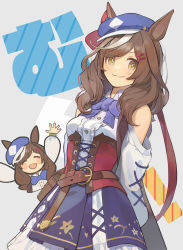 Rule 34 | 1girl, :3, :d, ^ ^, animal ears, bare shoulders, bow, bowtie, breasts, brown hair, cabbie hat, cheering, chibi, chibi inset, closed eyes, collared dress, corset, detached sleeves, dress, closed eyes, hair ornament, hairclip, hands up, hat, horse ears, horse girl, long hair, long sleeves, matikane tannhauser (umamusume), multicolored hair, nopiii, open mouth, puffy sleeves, purple bow, purple bowtie, purple dress, purple headwear, red corset, simple background, small breasts, smile, streaked hair, tearing up, umamusume, white background, white dress, white hair, white sleeves, yellow eyes