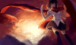 Rule 34 | 1girl, a tan, backlighting, black hair, black skirt, black thighhighs, cloud, cloudy sky, commentary request, expressionless, hand up, hat, highres, looking back, mountain, orange sky, photoshop (medium), red eyes, red scarf, scarf, shameimaru aya, shirt, short hair, skirt, sky, solo, sunlight, thighhighs, tokin hat, touhou, white shirt, zettai ryouiki