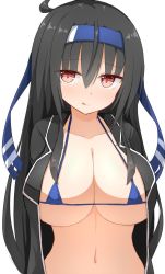 Rule 34 | alternate breast size, black hair, breasts, collarbone, hachimaki, hatsushimo (kancolle), headband, highres, kantai collection, large breasts, licking lips, long hair, micro bra, navel, open clothes, open shirt, red eyes, simple background, tongue, tongue out, yamato tachibana