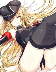 Rule 34 | 10s, 1girl, puff of air, bad id, bad pixiv id, bismarck (kancolle), black thighhighs, blonde hair, breasts, closed eyes, detached sleeves, hat, kantai collection, legs up, long hair, lying, medium breasts, on back, on bed, parted lips, peaked cap, saijou yukina, sketch, sleeping, solo, thighhighs, thighs, uniform, very long hair