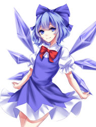 Rule 34 | 1girl, absurdres, bad id, bad pixiv id, blue dress, blue hair, bow, cirno, dress, hair bow, head tilt, highres, ice, ice wings, looking at viewer, sheya, shirt, short sleeves, simple background, sketch, sleeveless, sleeveless dress, smile, solo, thighs, touhou, white background, white shirt, wings