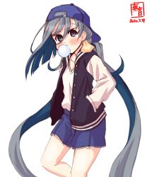 Rule 34 | 1girl, ahoge, alternate costume, artist logo, backwards hat, baseball cap, blowing bubbles, blue hat, blue skirt, chewing gum, commentary request, dated, denim, denim skirt, grey eyes, grey hair, hair between eyes, hair bun, hands in pockets, hat, highres, jacket, kanon (kurogane knights), kantai collection, kiyoshimo (kancolle), letterman jacket, long hair, looking at viewer, low twintails, multicolored clothes, multicolored jacket, simple background, single hair bun, skirt, solo, twintails, two-tone jacket, white background