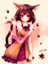 Rule 34 | 1girl, animal ears, artist name, azu torako, black hair, blush, breasts, camisole, cat ears, cat girl, cat tail, closed mouth, cowboy shot, dated, dress, looking at viewer, medium breasts, orange dress, original, paw print, paw print background, polka dot, polka dot background, purple eyes, purple skirt, signature, skirt, smile, solo, spaghetti strap, tail
