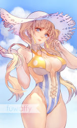 Rule 34 | 1girl, arms up, artist name, blade &amp; soul, blonde hair, blue sky, breasts, breasts apart, cloud, commentary, day, eyelashes, fuwaffy, hat, highres, lips, long hair, looking at viewer, medium breasts, one-piece swimsuit, original, sky, solo, standing, straw hat, sun hat, sunlight, swimsuit, white hat, wing collar