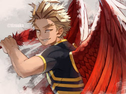 Rule 34 | 1boy, blonde hair, bodysuit, boku no hero academia, costume, facial hair, facial mark, feathered wings, feathers, from side, goatee, grin, half-closed eyes, hawks (boku no hero academia), holding, holding sword, holding weapon, long bangs, looking back, male focus, muscular, muscular male, pectorals, red feathers, red wings, short hair, sidepec, skin tight, smile, solo, sword, tonbanlove, twitter username, unconventional weapon, upper body, weapon, wings, yellow eyes