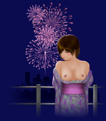 Rule 34 | 1girl, acerbi, blush, breasts, breasts out, brown eyes, brown hair, female focus, fireworks, japanese clothes, kimono, nipples, original, short hair, solo, standing