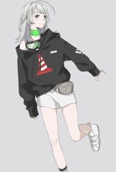 Rule 34 | 1girl, ahoge, collar, commentary request, drawstring, dress, expressionless, fanny pack, fishnet socks, fishnets, foot out of frame, fuyuu rei, goggles, goggles around neck, green collar, green eyes, grey background, grey hair, highres, hood, hood down, hoodie, long hair, long sleeves, looking at viewer, outstretched arm, parted lips, print hoodie, scar, scar on leg, short dress, simple background, single sock, sleeveless, sleeveless dress, socks, solo, standing, standing on one leg, subaru (sbr98), traffic cone, turning head, utau