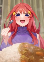 Rule 34 | 1girl, ahoge, blue eyes, blush, commentary, curry, eyelashes, food, food focus, go-toubun no hanayome, gomashiwo o, hair between eyes, hair ornament, highres, holding, holding spoon, indoors, long hair, looking at food, looking down, nakano itsuki, purple sweater, red hair, round teeth, sidelocks, solo, spoon, star (symbol), star hair ornament, steam, sweater, teeth, upper teeth only, very long hair