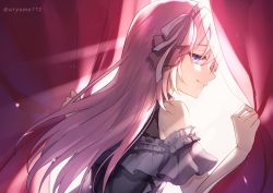Rule 34 | 1girl, 25-ji luka, armband, aryuma772, backlighting, blue eyes, commentary, curtain grab, curtains, dress, frilled armband, frills, from behind, grey dress, hairband, half-closed eyes, highres, light smile, long hair, looking at viewer, looking back, megurine luka, pink hair, project sekai, solo, twitter username, vocaloid