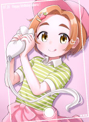 Rule 34 | 1girl, :q, absurdres, blush, brown eyes, character name, closed mouth, collared shirt, commentary request, dated, food-themed hair ornament, forehead, green shirt, hair ornament, hairclip, hands up, happy birthday, hat, heart, highres, holding, holding pastry bag, idolmaster, idolmaster cinderella girls, looking at viewer, marui kado, orange hair, parted bangs, pastry bag, pink background, pink hat, pink skirt, polka dot, polka dot shadow, ryuzaki kaoru, shadow, shirt, short hair, short sleeves, simple background, skirt, smile, solo, strawberry hair ornament, striped clothes, striped shirt, thick eyebrows, tongue, tongue out, wing collar
