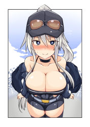 Rule 34 | 1girl, azur lane, blue eyes, blush, breasts, bright pupils, cleavage, commentary request, enterprise (azur lane), enterprise (wind catcher) (azur lane), eyewear on head, flying sweatdrops, hat, highres, imagawa akira, large breasts, long hair, looking at viewer, race queen, silver hair, smile, solo, sunglasses, sweatdrop, thighhighs, tinted eyewear, very long hair