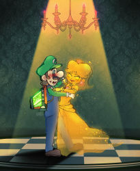 Rule 34 | 1boy, 1girl, absurdres, blue eyes, blush, brown hair, crown, dancing, dress, earrings, face-to-face, facial hair, flower earrings, full body, ghost, gloves, glowing, grin, hat, highres, holding hands, jewelry, luigi, luigi&#039;s mansion, luigi&#039;s mansion 3, mario (series), mustache, nervous, nintendo, orange dress, orange eyes, poltergust g-00, princess daisy, puffy short sleeves, puffy sleeves, short sleeves, smile, spotlight, super mario land, sweat, yakiniku-chan (alice-sweets)