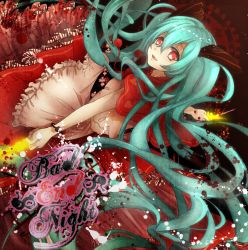 Rule 34 | 1girl, :d, apron, capelet, dress, frills, from above, from behind, fulunukko, glowing, green hair, hatsune miku, long hair, looking at viewer, looking back, looking up, open mouth, red dress, red eyes, smile, solo, stick, twintails, very long hair, vocaloid, waist apron