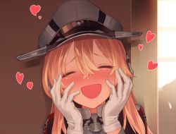 Rule 34 | 10s, 1girl, :d, ^ ^, admiral (kancolle), blew andwhite, blonde hair, blush, breasts, closed eyes, crossed bangs, gloves, hair between eyes, hair ornament, hands on own cheeks, hands on own face, hat, heart, kantai collection, large breasts, long hair, lovestruck, open mouth, peaked cap, portrait, prinz eugen (kancolle), skirt, smile, solo, thighs, twintails, uniform, white gloves