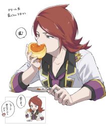Rule 34 | 1boy, collared shirt, commentary request, creatures (company), eating, food, fork, game freak, grey eyes, highres, holding, holding food, holding fork, jacket, long hair, male focus, mocollie, necktie, nintendo, official alternate costume, plate, pokemon, pokemon masters ex, purple necktie, red hair, shirt, silver (champion) (pokemon), silver (pokemon), speech bubble, translation request, white jacket