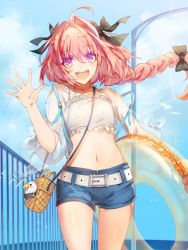 Rule 34 | 1boy, :d, ahoge, alternate costume, astolfo (fate), backpack, bag, belt, black bow, black ribbon, blue sky, bow, braid, buckle, casual, cloud, collarbone, commentary request, crop top, day, denim, denim shorts, fate/apocrypha, fate/grand order, fate (series), floatation devices, frills, hair intakes, hair ribbon, hand up, handbag, happy, innertube, long braid, male focus, midriff, navel, open mouth, outdoors, pink hair, purple eyes, railing, ribbon, saihate (d3), see-through, shirt, short shorts, shorts, single braid, sky, smile, solo, standing, swim ring, trap, waving, white belt, white shirt